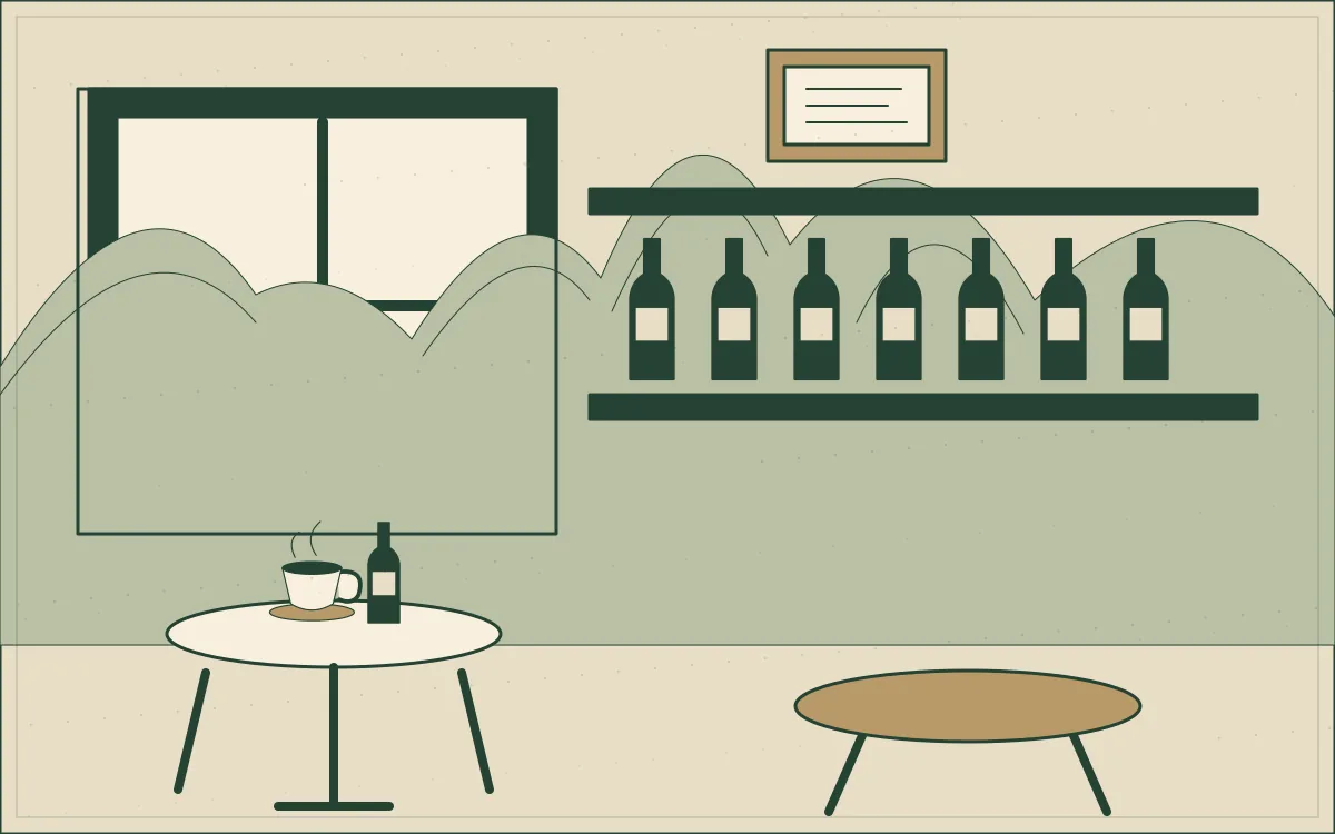 Ilustração do interior de um botequim, com mesas e um pequeno quadro na parede.