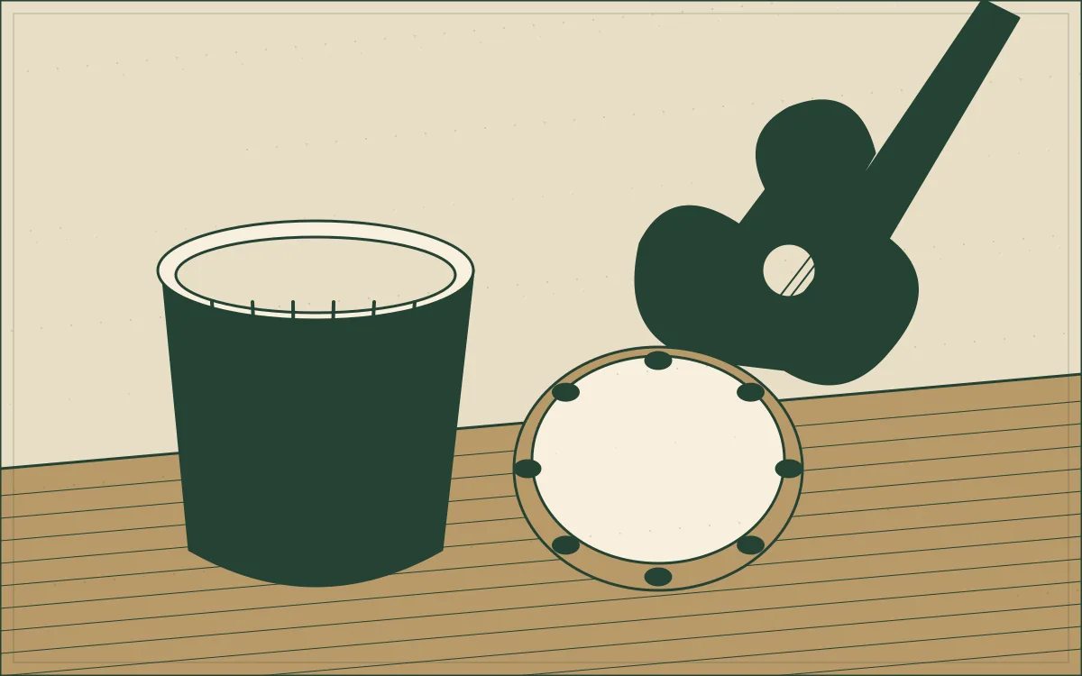 Ilustração de pandeiro, tambor e cavaquinho em uma composição de gravura.