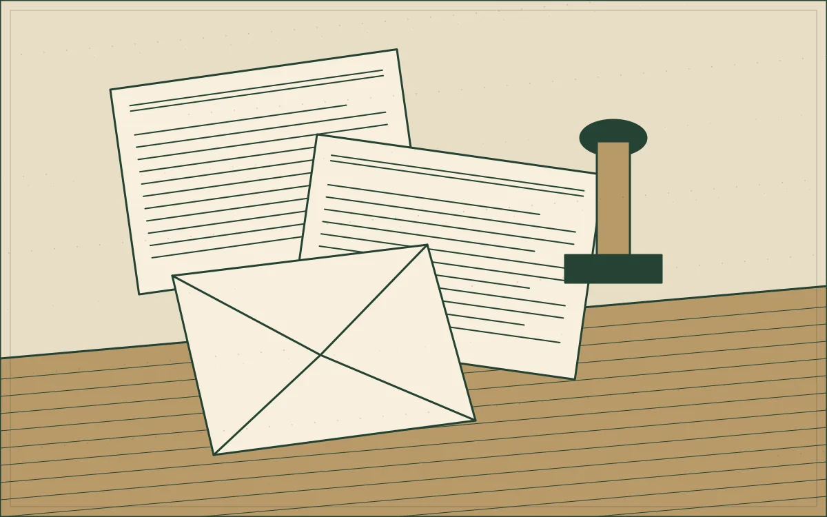 Ilustração de papéis dobrados, envelope, lápis e carimbo.