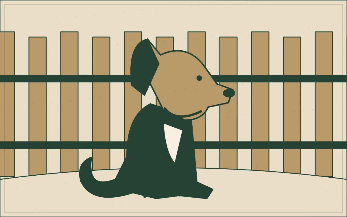Ilustração original de um cachorro sentado junto a um portão.