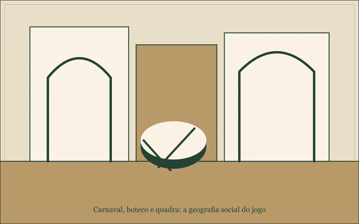 Ilustração original para Carnaval, boteco e quadra: a geografia social do jogo: composição em tinta verde e papel.