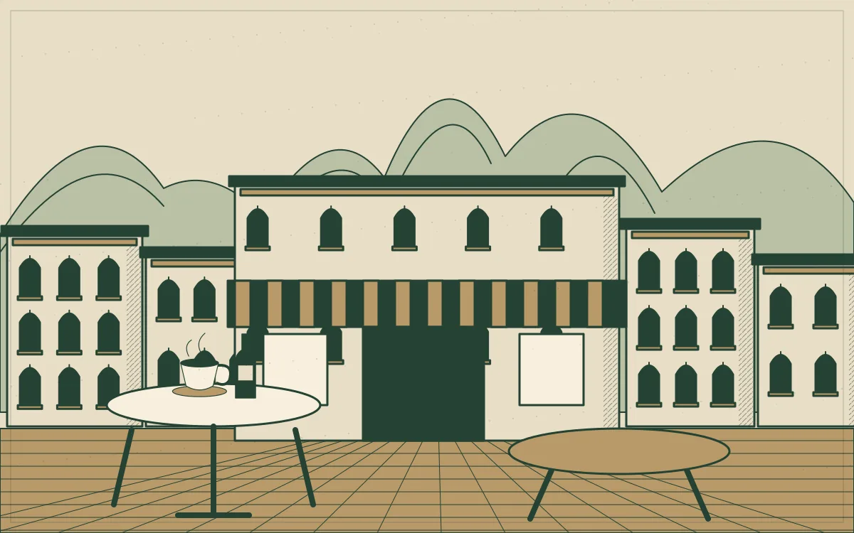 Ilustração de um botequim de esquina com mesas, porta aberta e casario.