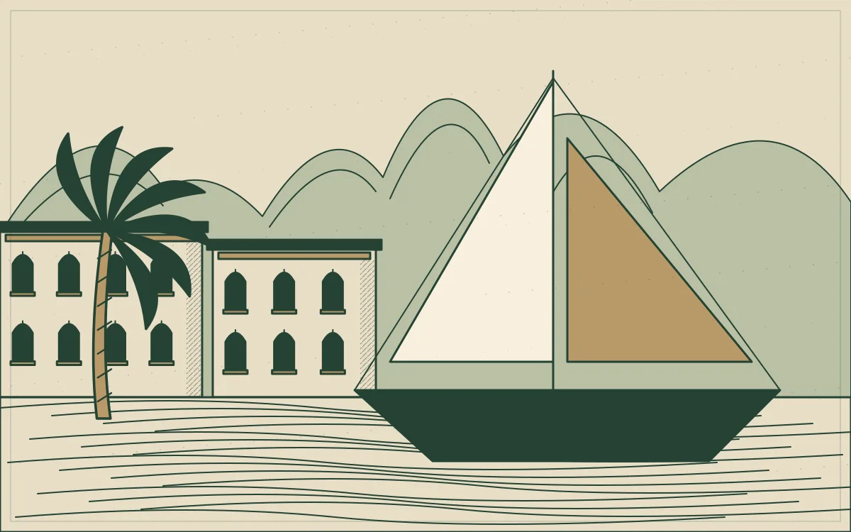 Ilustração de porto com embarcação, armazéns e um mercado.