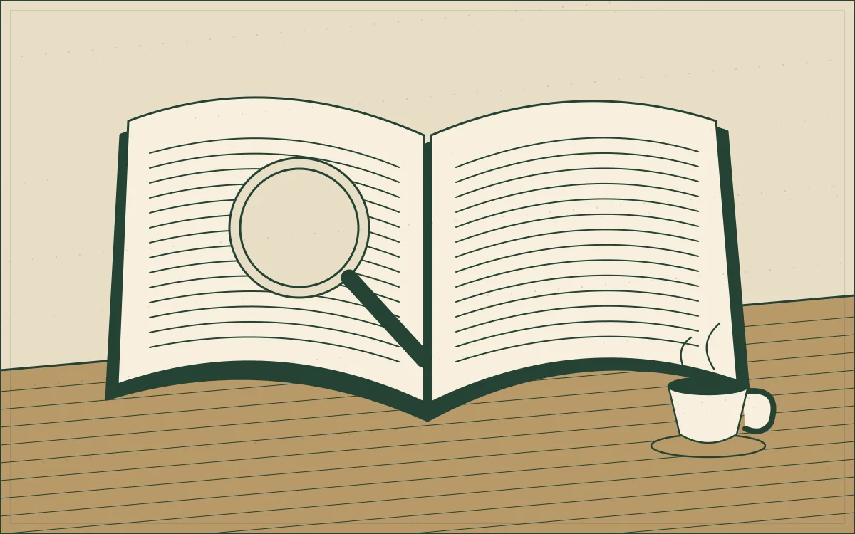 Ilustração de livro aberto, lupa e uma pequena cartela sobre a mesa.
