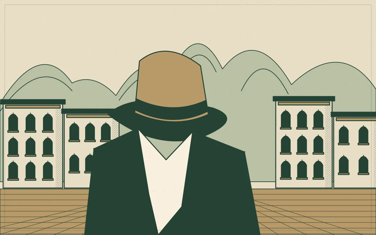 Ilustração de chapéu, paletó sobre cadeira e uma esquina de bairro.