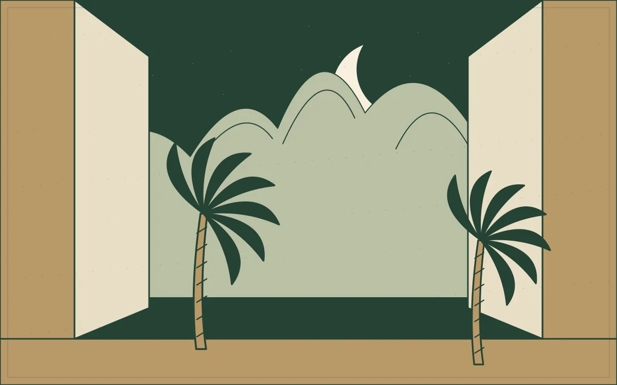 Ilustração noturna de janela aberta, lua e vegetação em silhueta.