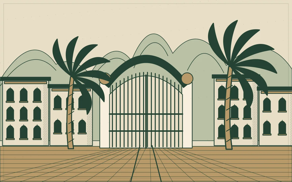 Ilustração de um portão de jardim, palmeiras e casario inspirada no Rio antigo.