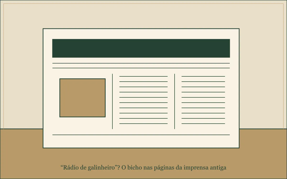 Ilustração original para “Rádio de galinheiro”? O bicho nas páginas da imprensa antiga: composição em tinta verde e papel.
