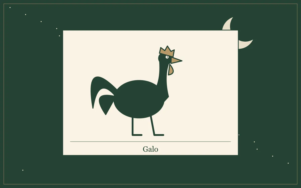 Ilustração original para Sonhar com galo: o que a tradição popular diz: composição em tinta verde e papel.