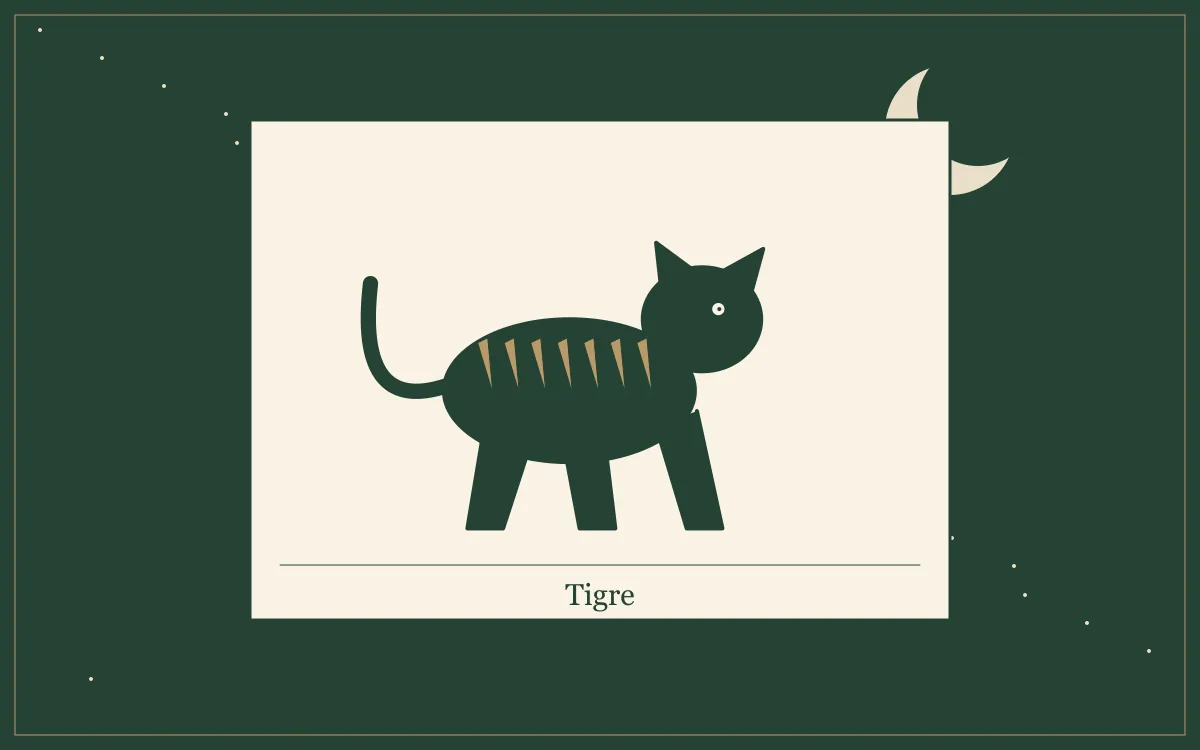 Ilustração original para Sonhar com tigre: o que a tradição popular diz: composição em tinta verde e papel.